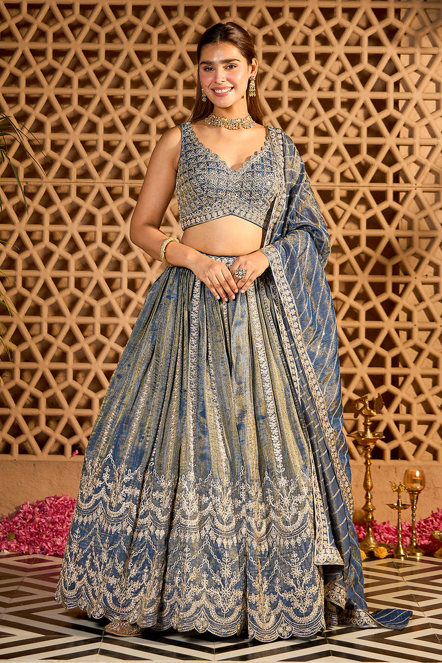 Blue Tissue Silk Embroidered Lehanga