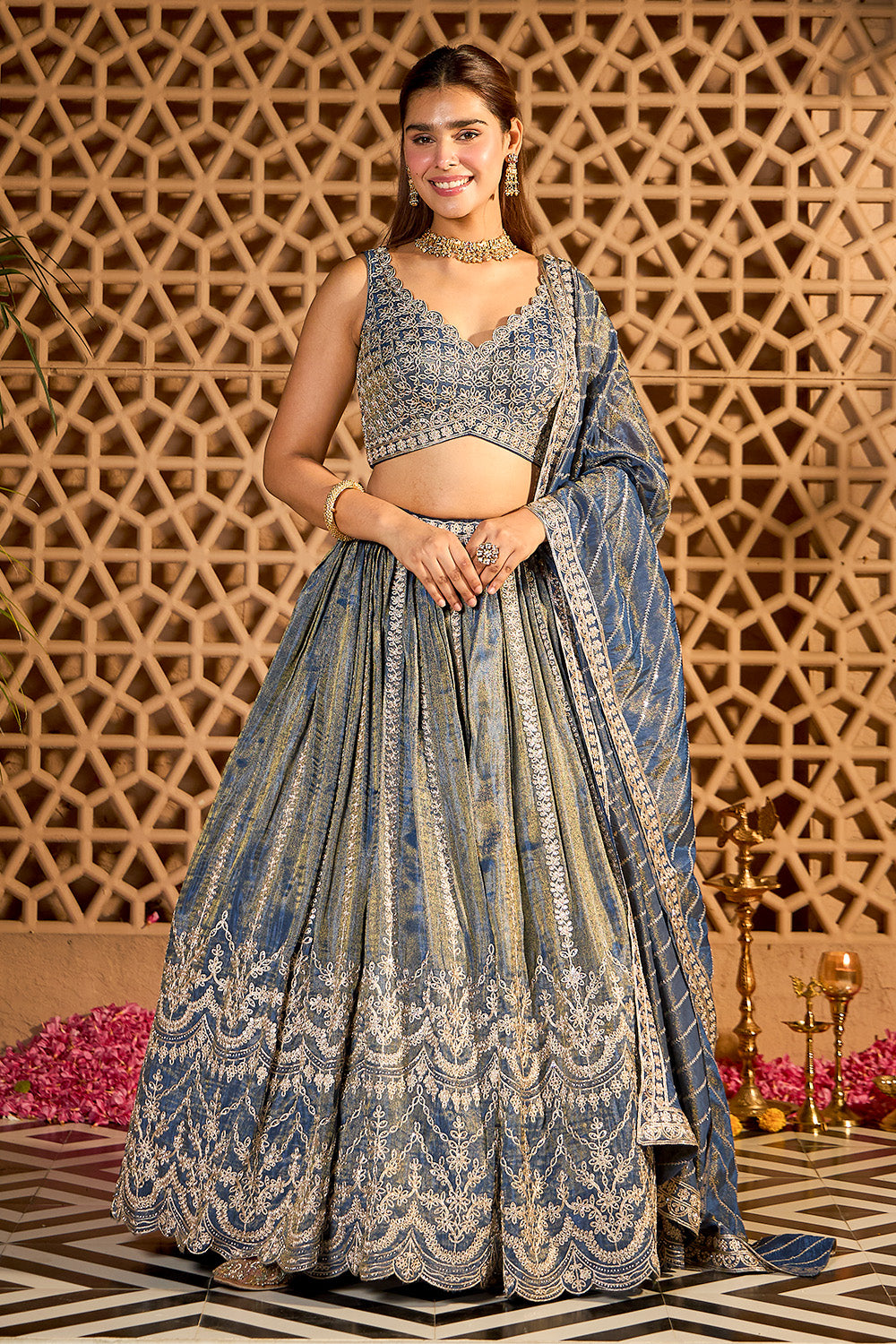 Blue Tissue Silk Embroidered Lehanga