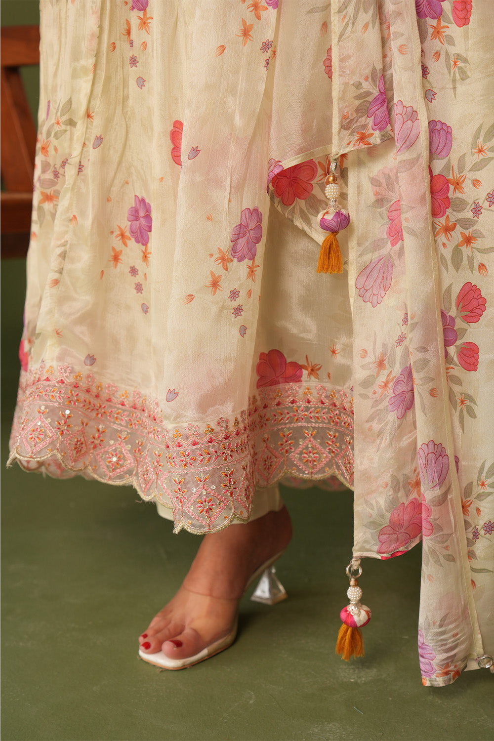 Cream Color Crepe Silk Neck Embroidered And Floral Printed Anarkali Suit
