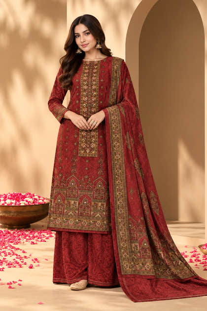 Maroon Velvet Digital Printed Unstitched Suit Fabric