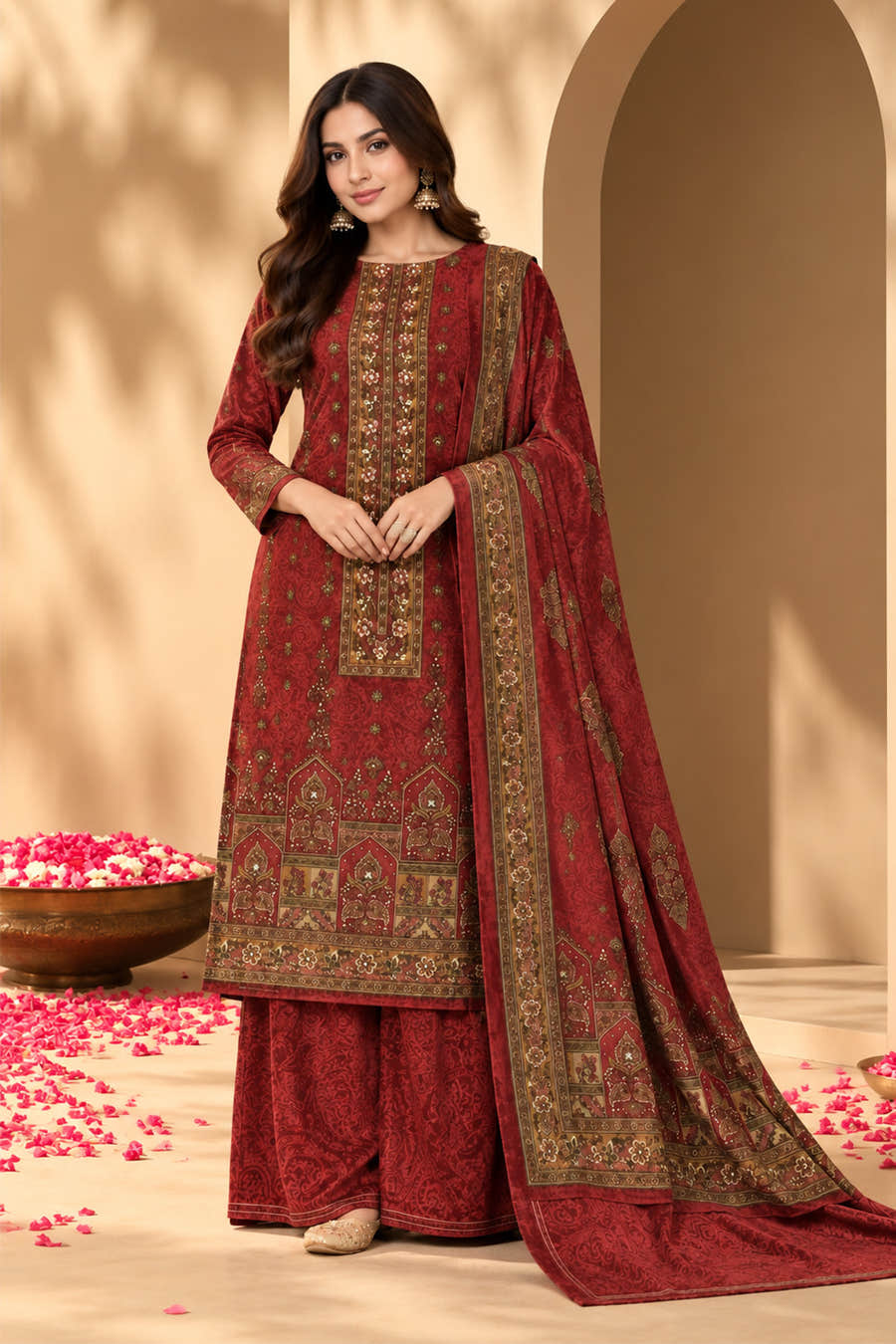 Maroon Velvet Digital Printed Unstitched Suit Fabric