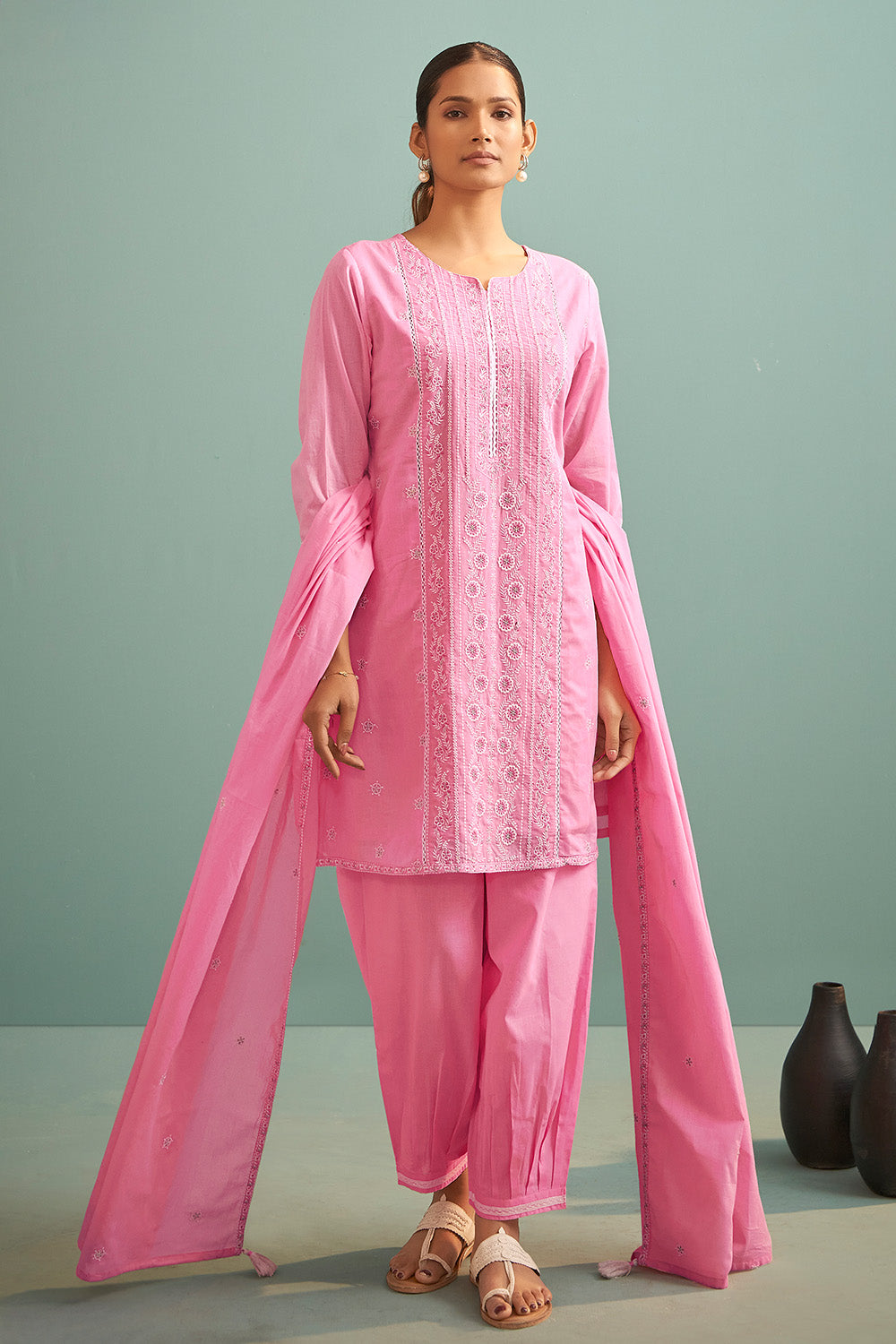 Baby Pink Color Cotton Resham Embroidered Suit