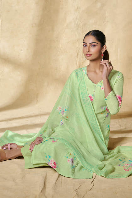 Pista Green Chanderi Cotton Floral Printed Suit Set