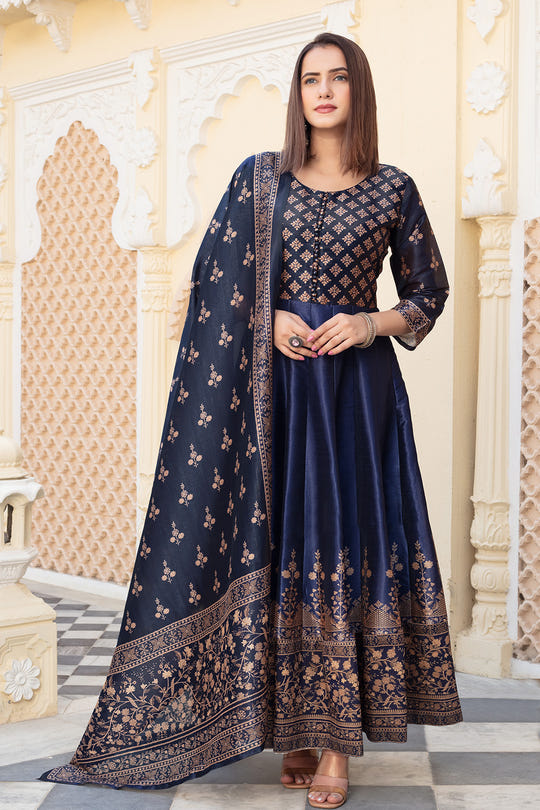 Navy Silk Printed Anarkali Suit