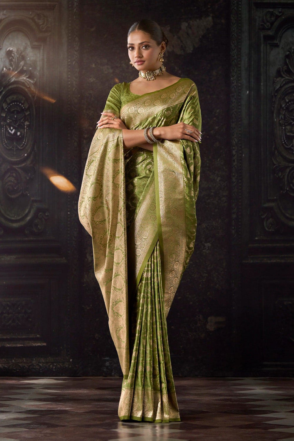 Olive Green Katan Silk Banarasi Zari Woven Saree