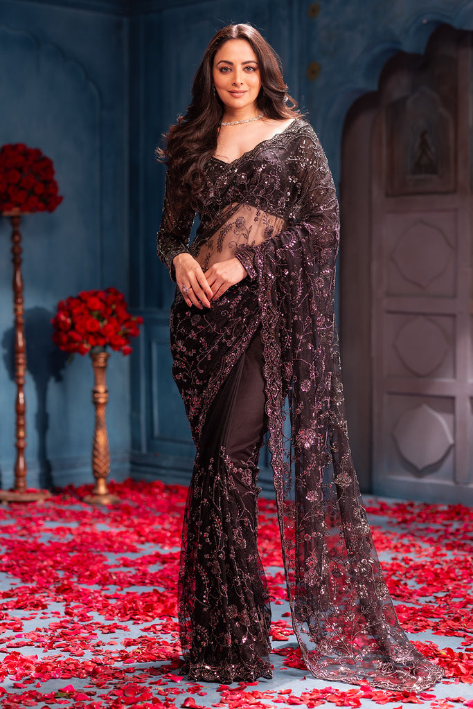 Black Cut-Dana And Sequins Embroidered Net Saree