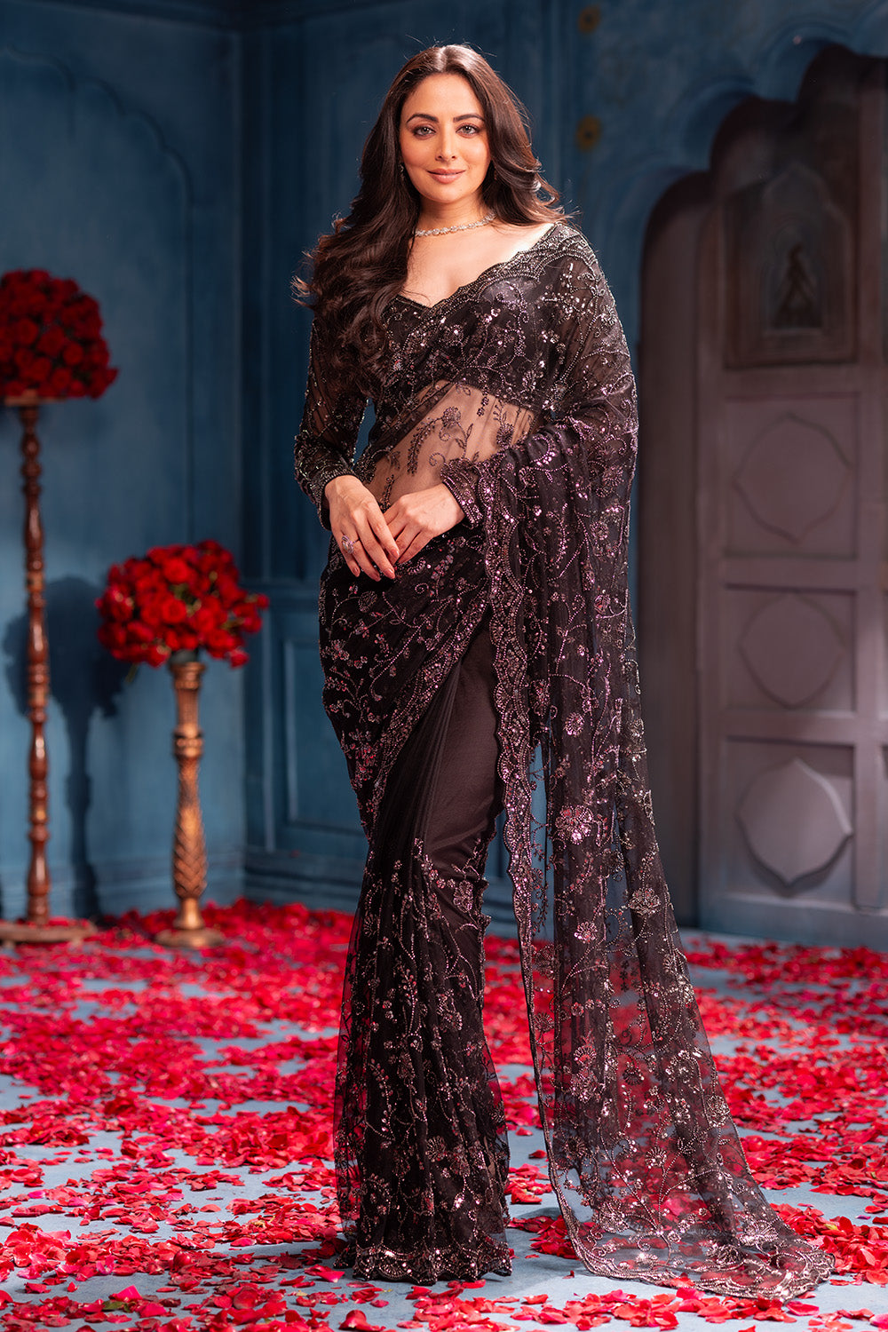 Black Cut-Dana And Sequins Embroidered Net Saree