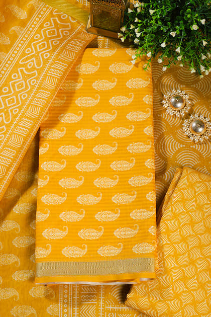 Mustard Cotton Boota Block Print Unstitched Suit Fabric