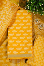 Mustard Cotton Boota Block Print Unstitched Suit Fabric
