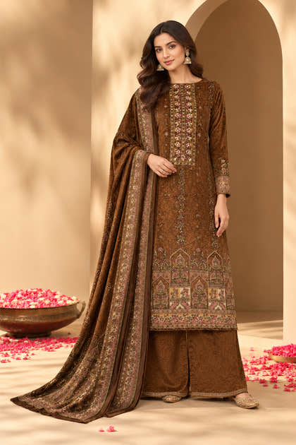Brown Velvet Digital Printed Unstitched Suit Fabric