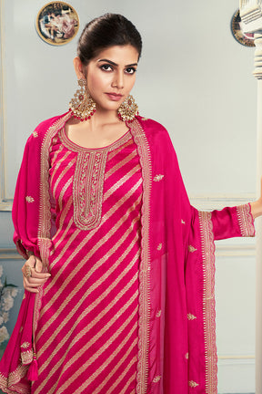 Red Embroidered & Woven Chanderi Silk Unstitched Suit Fabric