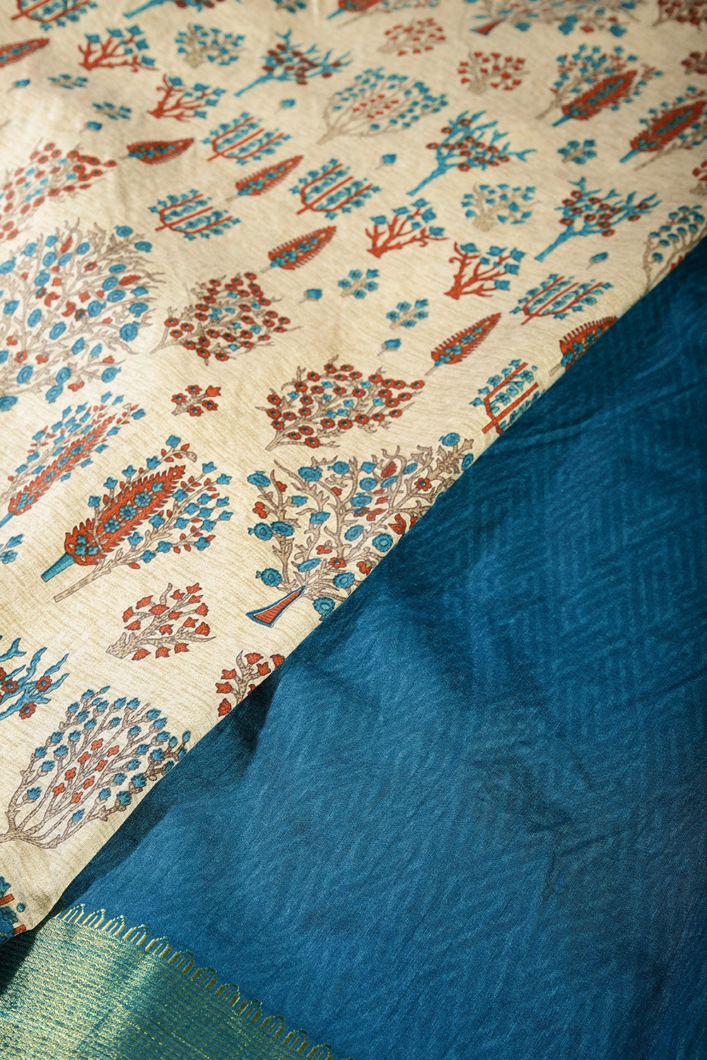 Beige & Blue Color Tree-Like Structures Printed Tussar Silk Saree