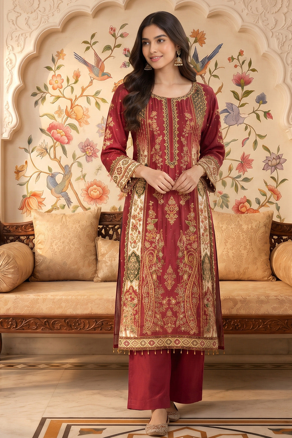 Maroon Crepe Silk Printed And Handwork Suit
