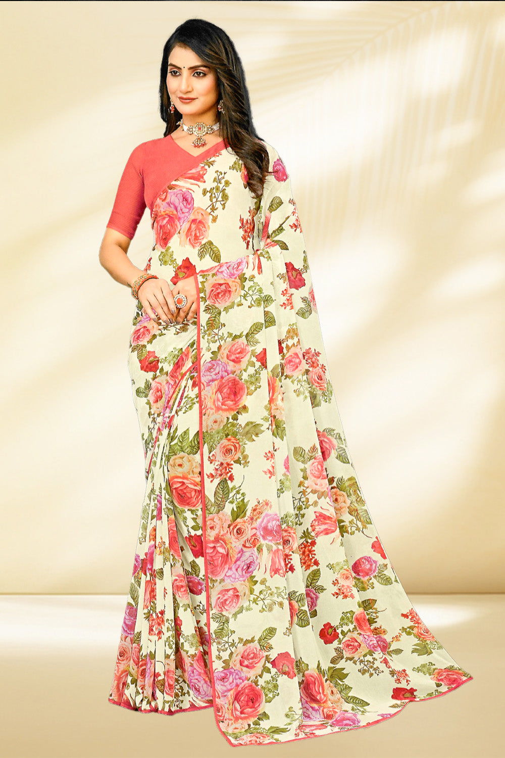 Cream Color Georgette Floral Printed Saree