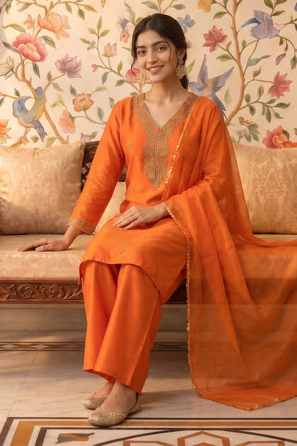 Rust Neck-Embroidered Silk Straight Suit