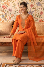 Rust Neck-Embroidered Silk Straight Suit