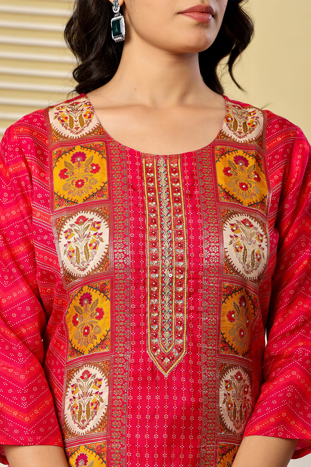 Magenta Pink Printed Embroidered Chanderi Silk Suit Set