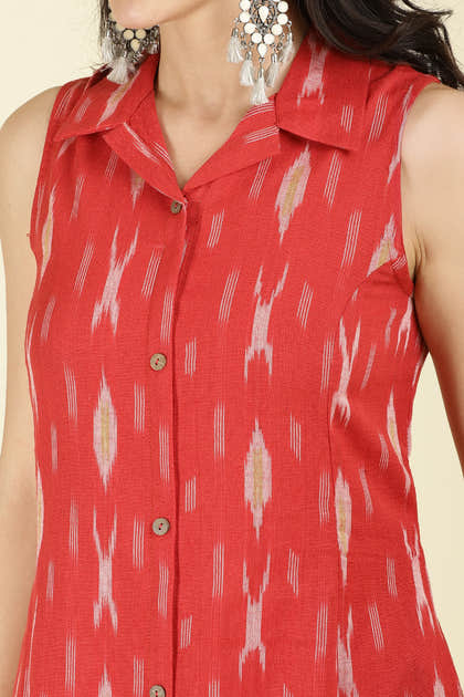 Red Cotton Ikat Printed Peonies Dress