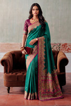 Teal Soft Silk Kalamkari Woven Saree