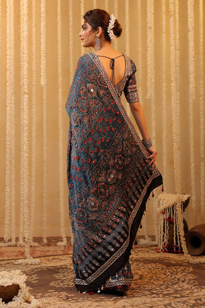 Navy Pure Mulberry Silk Printed And Embroidered Saree