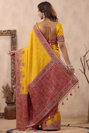 Mustard Color Embroidery Silk Saree