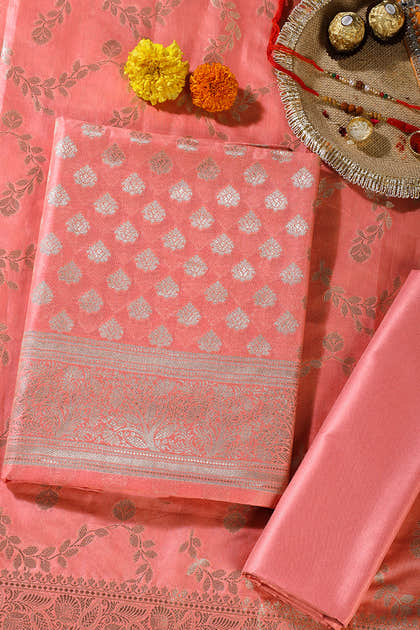 Peach Silk Zari Woven Unstitched Suit Fabric