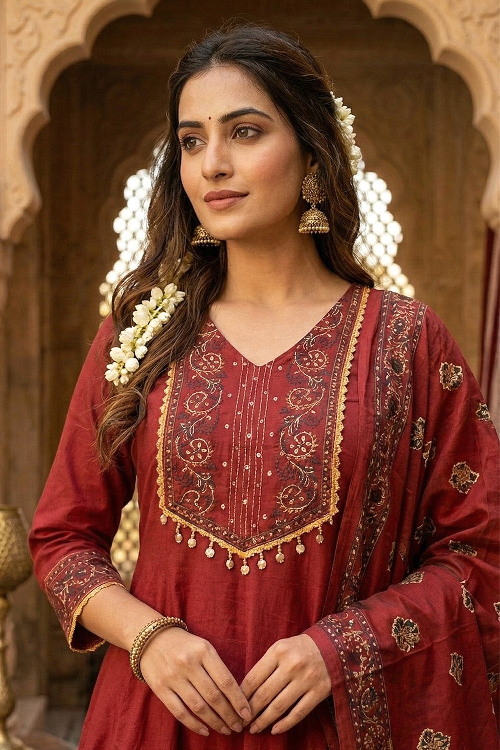 Maroon Printed cotton Anarkali Suit