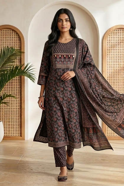Black Color Cotton Floral Printed Suit