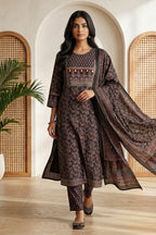 Black Color Cotton Floral Printed Suit