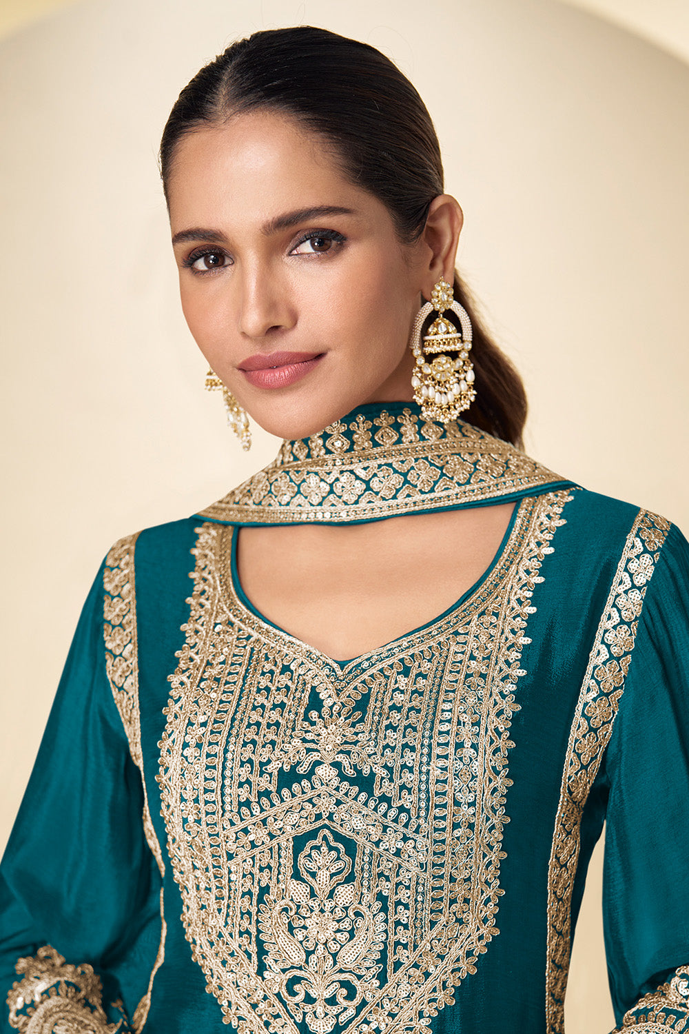 Crepe Silk Zari And Sequins Embroidered Suit Set