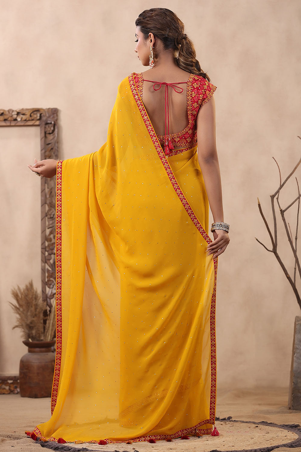 Mustard Color Mukesh Work Georgette Saree With Readymade Blouse