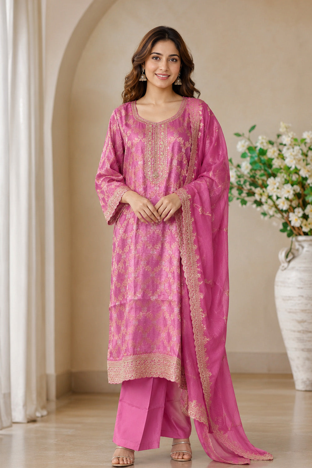 Mauve Woven And Embroidered Silk Suit