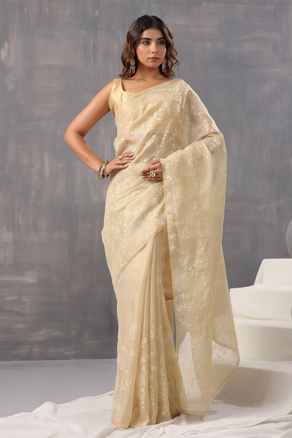 Beige Color Cotton Silk Thread Embroidered Saree