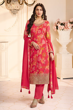 Carmine Pink Chinone Silk Floral Printed And Embroidered Unstitched Suit Fabric