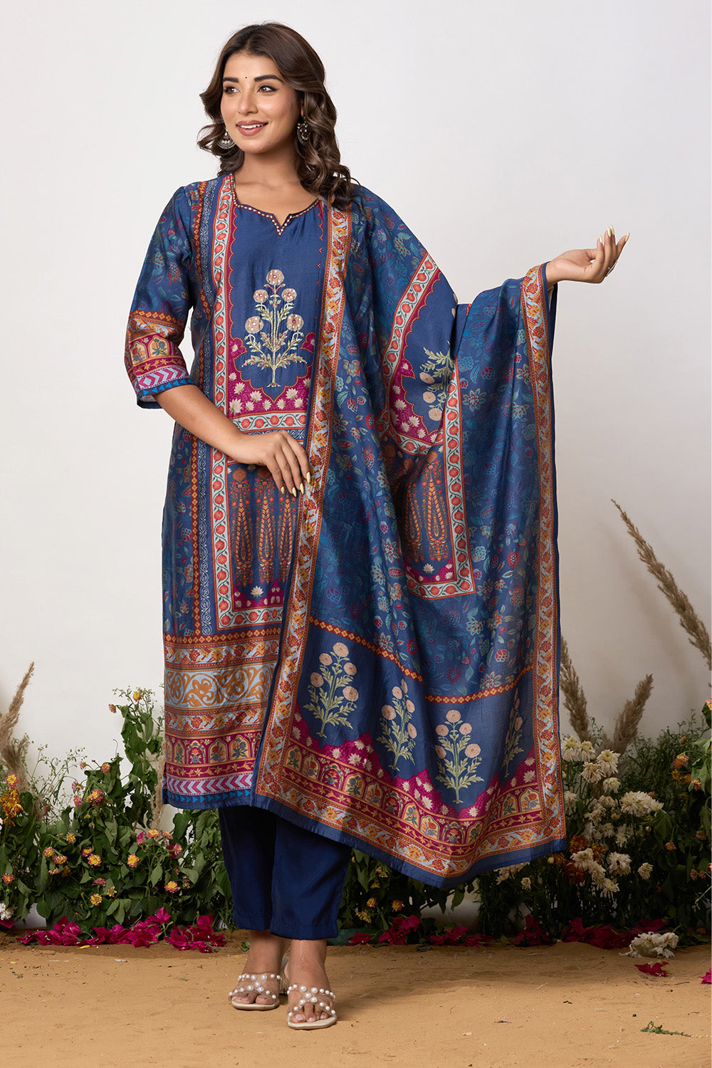 Navy Blue Chanderi Silk Printed Straight Suit