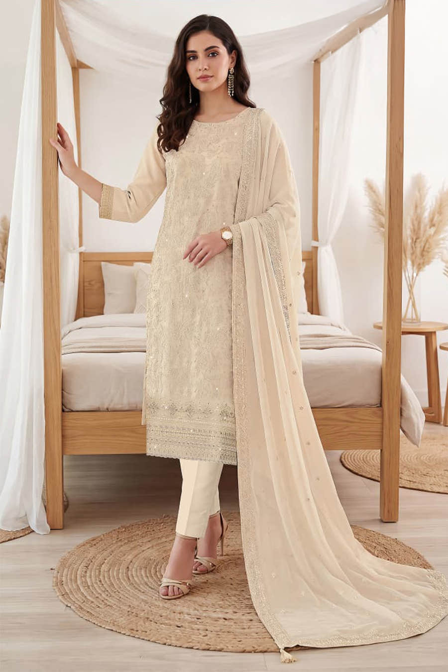 Cream Georgette Resham Embroidered And Swaroski Work Unstitched Suit Material