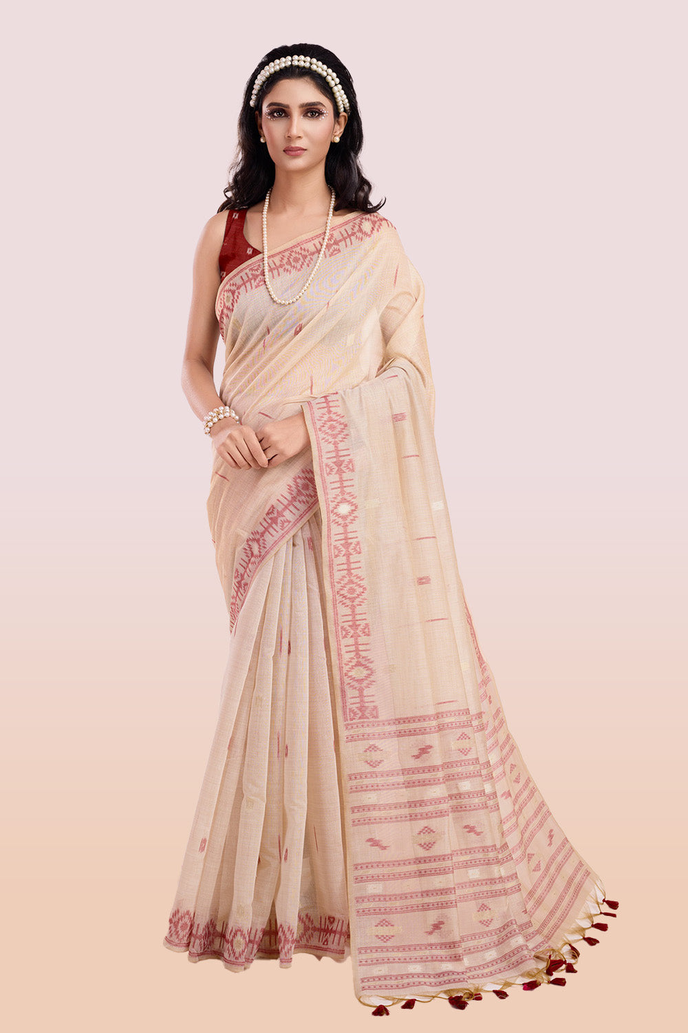 Cream & Magenta Colour Resham Woven Cotton Saree