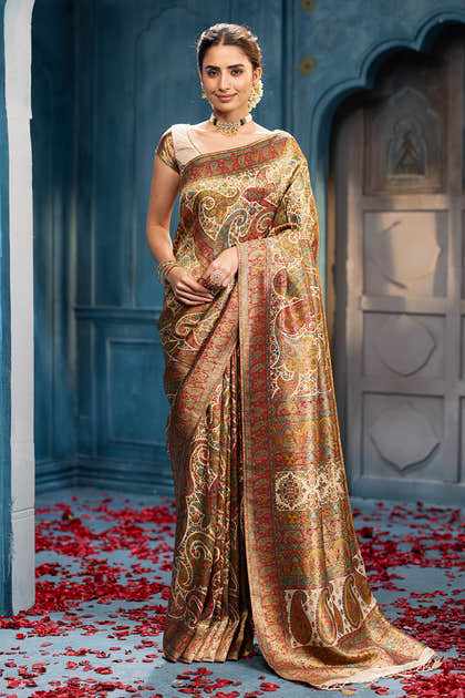 Beige Position Print Woven Silk Saree