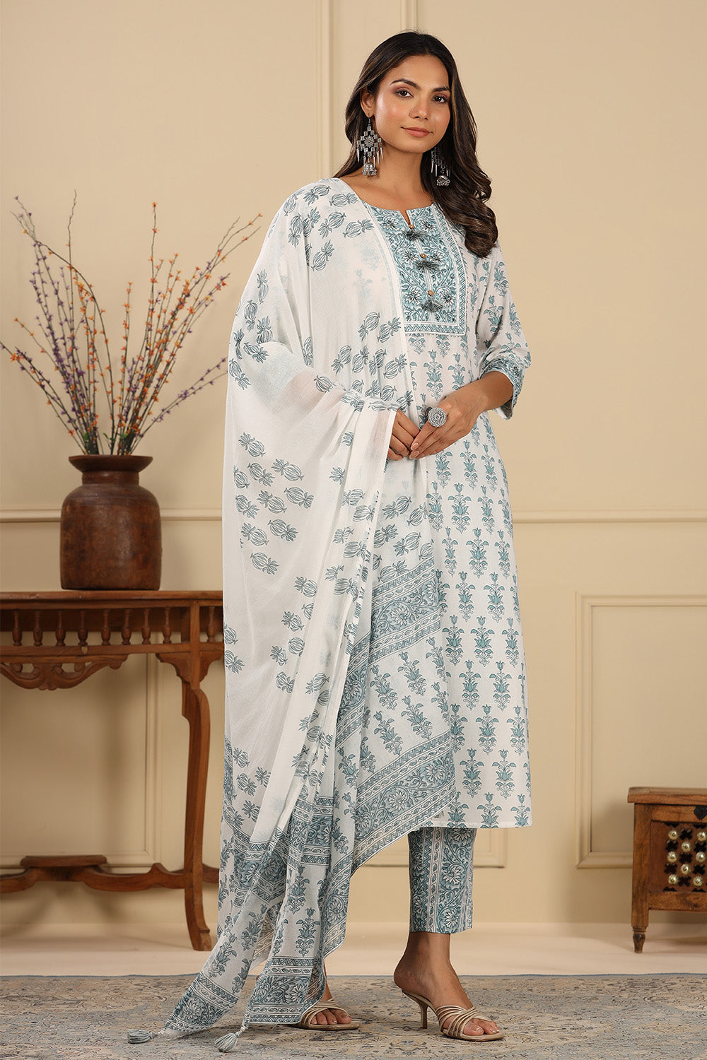 White & Green Color Cotton Printed Straight Suit