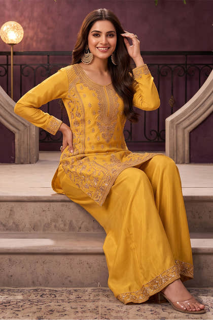 Mustard Crepe Silk Cut-Dana Embroidered Suit With Embroidered Palazzo