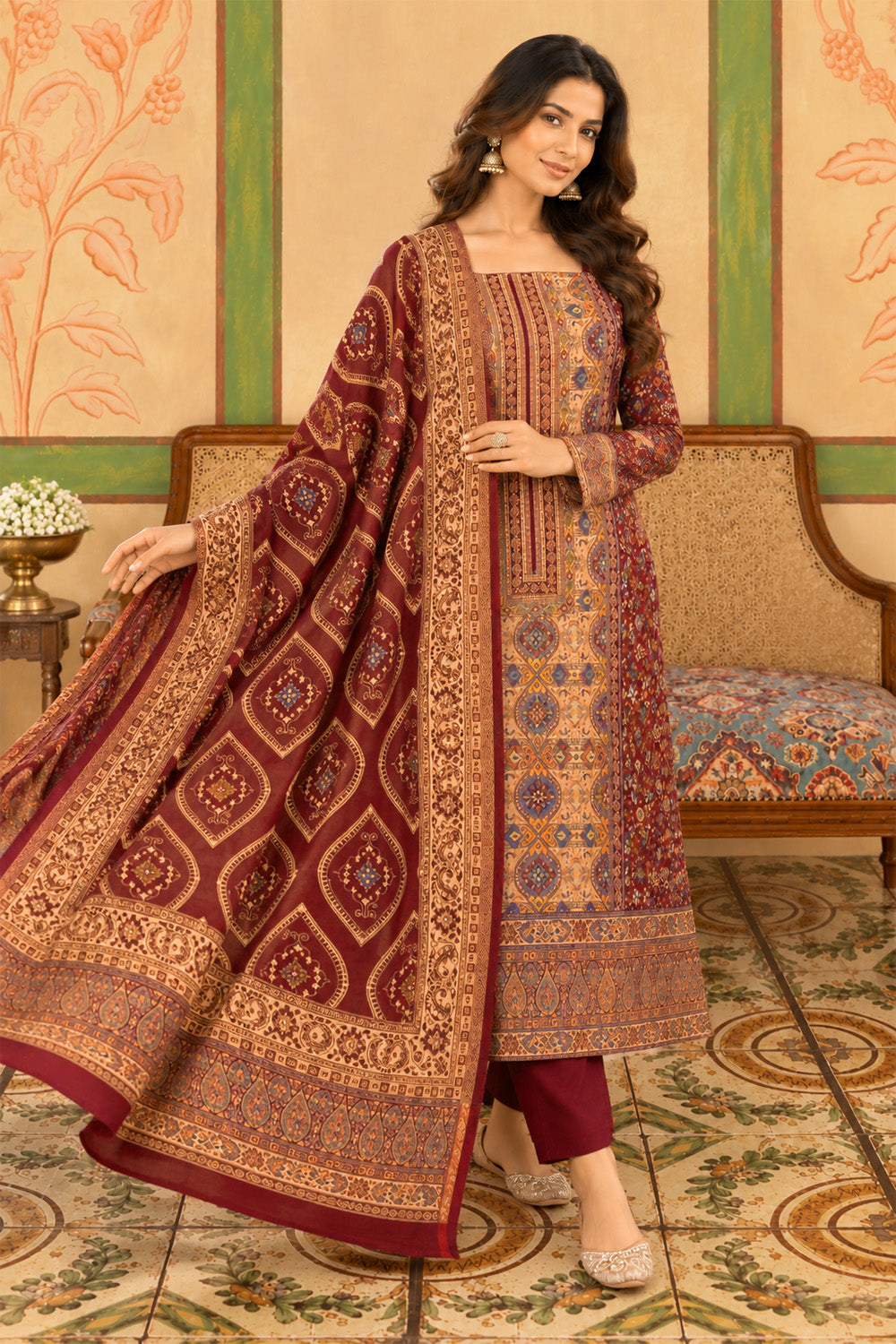 Maroon Resham Woven Pashmina Unstitched Suit Material