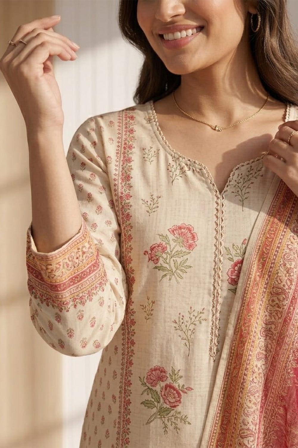 Cream Chanderi Cotton Floral Printed Suit