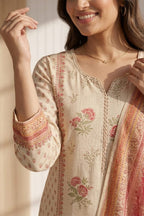 Cream Chanderi Cotton Floral Printed Suit