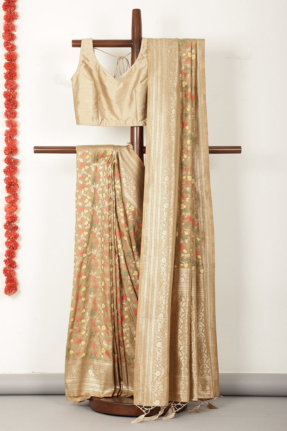 Beige Silk Resham & Zari Woven Saree