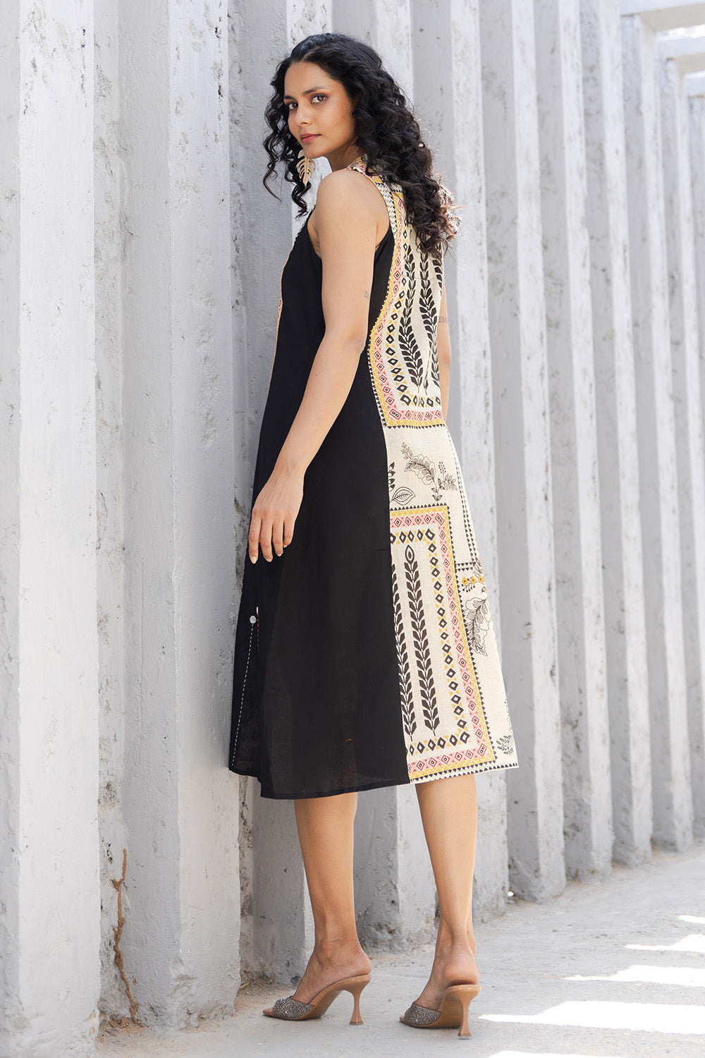 Cream & Black Colour Cotton Printed Peonies Dress
