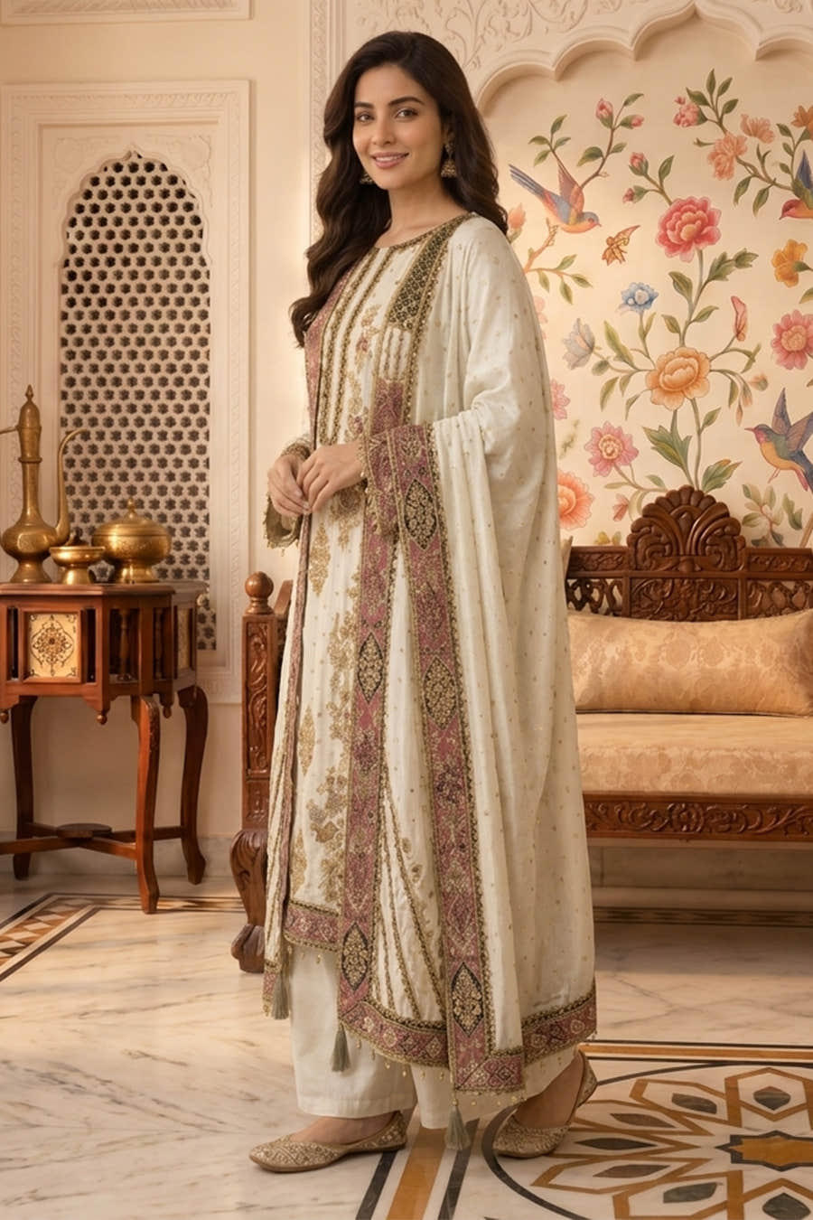 Cream Crepe Silk Printed And Handwork Suit