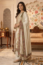 Cream Crepe Silk Printed And Handwork Suit