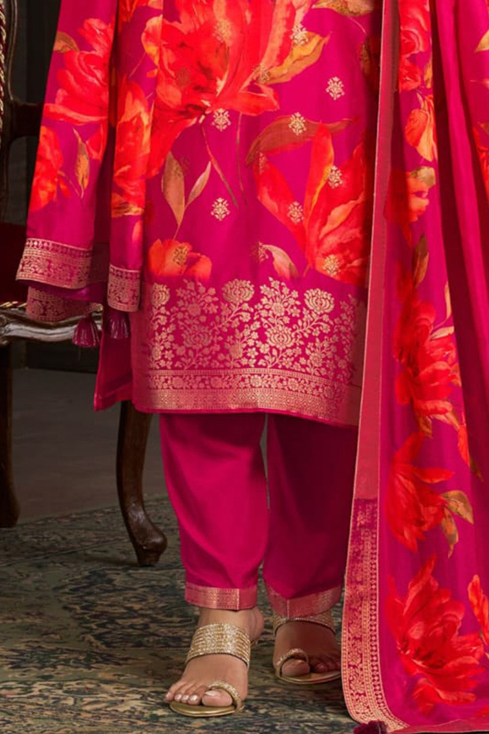 Rani Color Silk Floral Printed & Zari Woven Suit Set