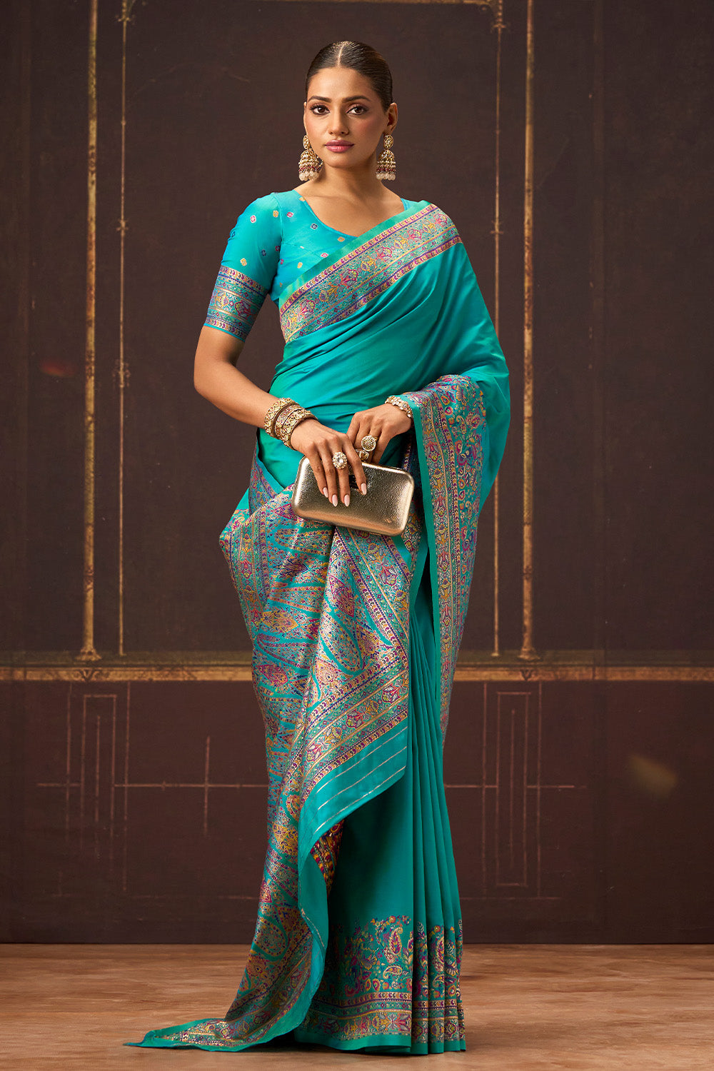 Teal Soft Silk Kalamkari Woven Saree