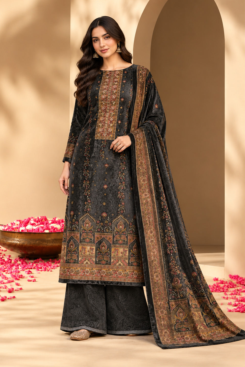 Grey Velvet Digital Printed Unstitched Suit Fabric